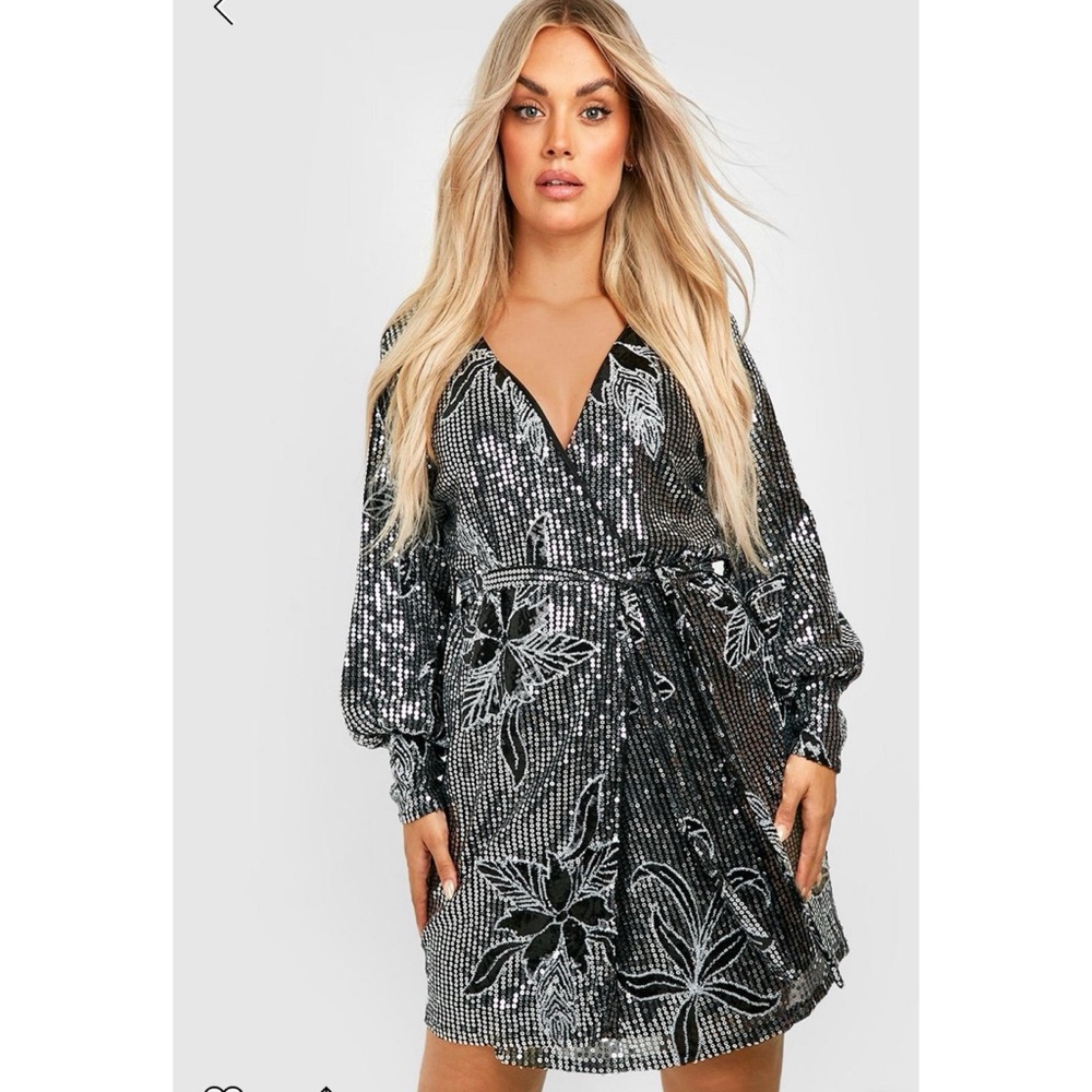Boohoo Plus Floral Sequin Tie Wrap Dress